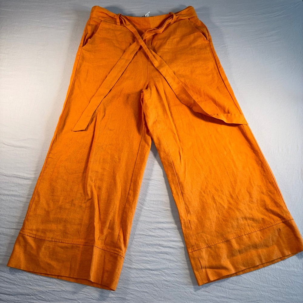 Joie Orange Linen Wide Leg Cropped Pants with Tie Waist Womens Small